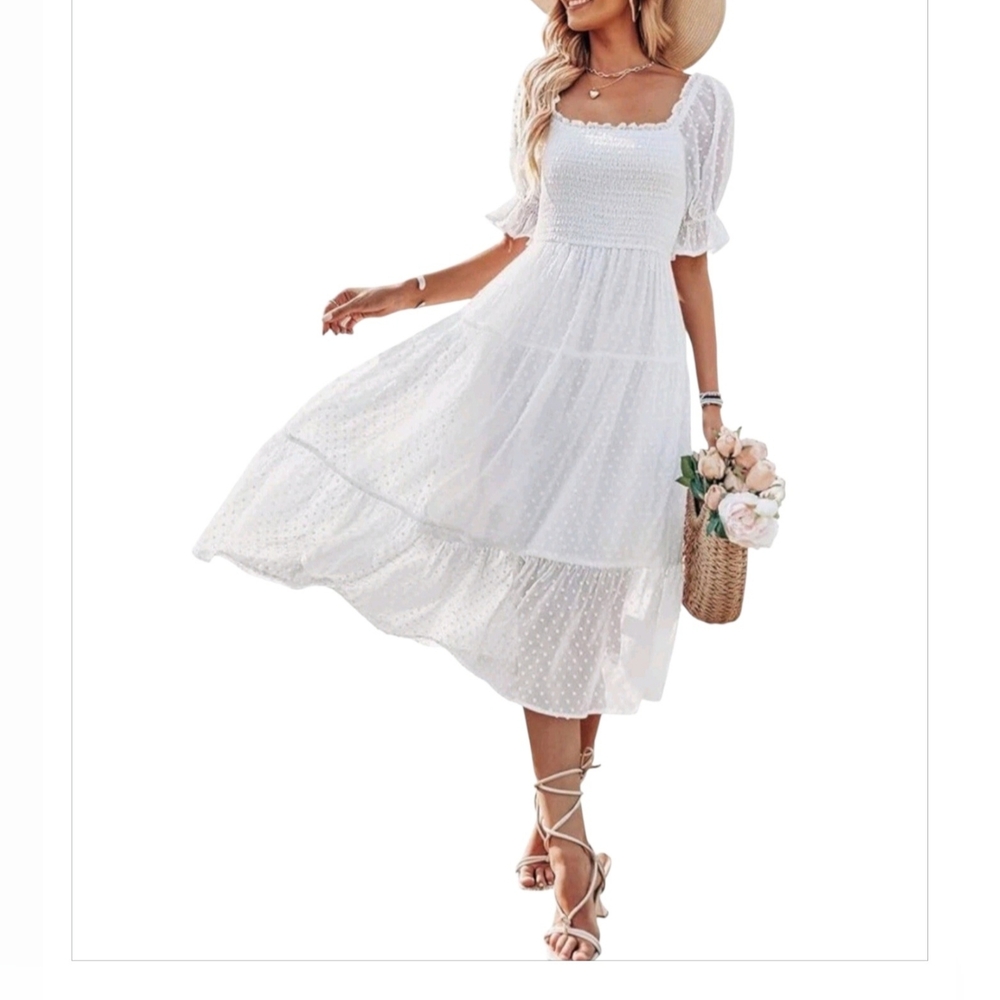 Merokeety Swiss Dot White Smocked Bohemian Midi Tiered Cottagecore Dress Sz S